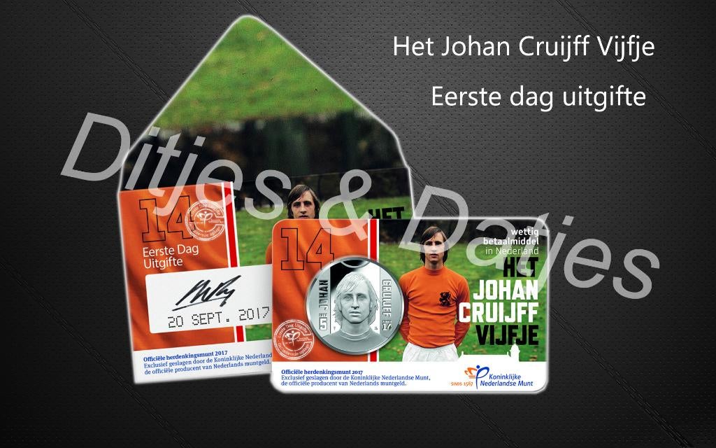 Eerste dag uitgifte Johan Cruijff vijfje coincard KNM, Postzegels en Munten, Munten | Nederland, Ophalen of Verzenden, Koningin Beatrix