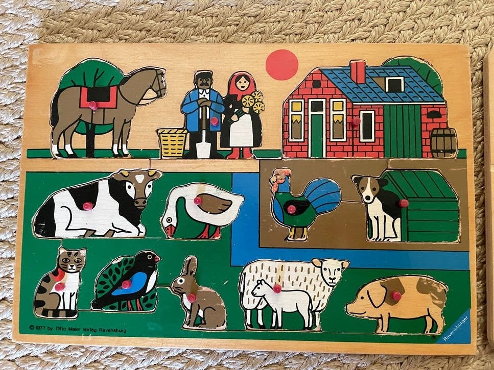 Vintage brocante Ravensburger houten dierenpuzzel (1977), 2 tot 4 jaar, Gebruikt, 10 tot 50 stukjes, Ophalen of Verzenden