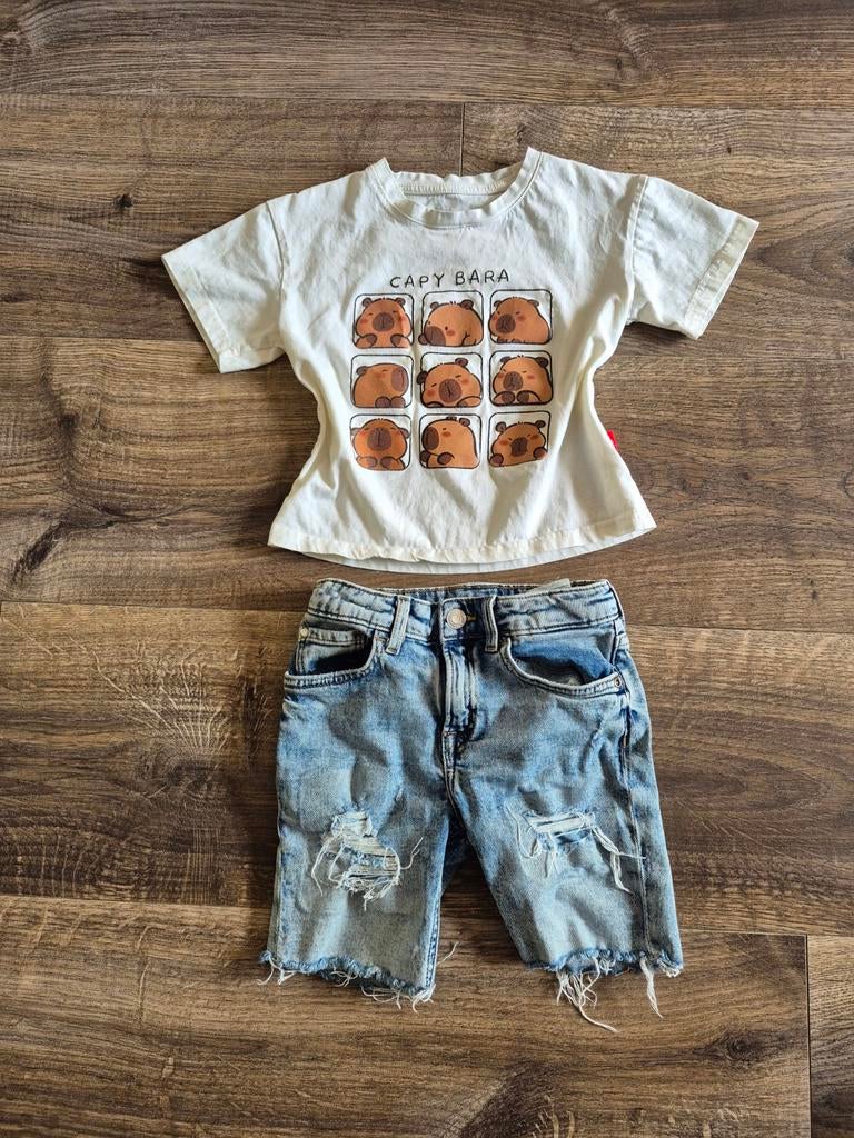 H&M capi bara capibara set setje shirt met shorts denim crem, Ophalen of Verzenden, Nieuw, Meisje