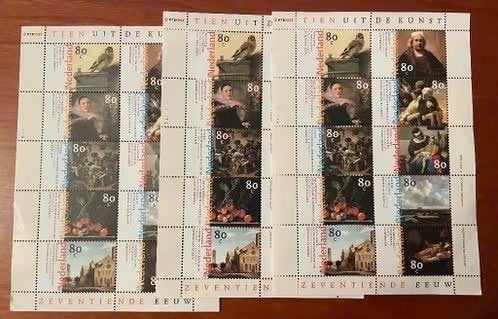 3 x postzegelvel Tien uit de kunst (17e eeuw)1999 postfris, Verzenden, Na 1940, Postfris