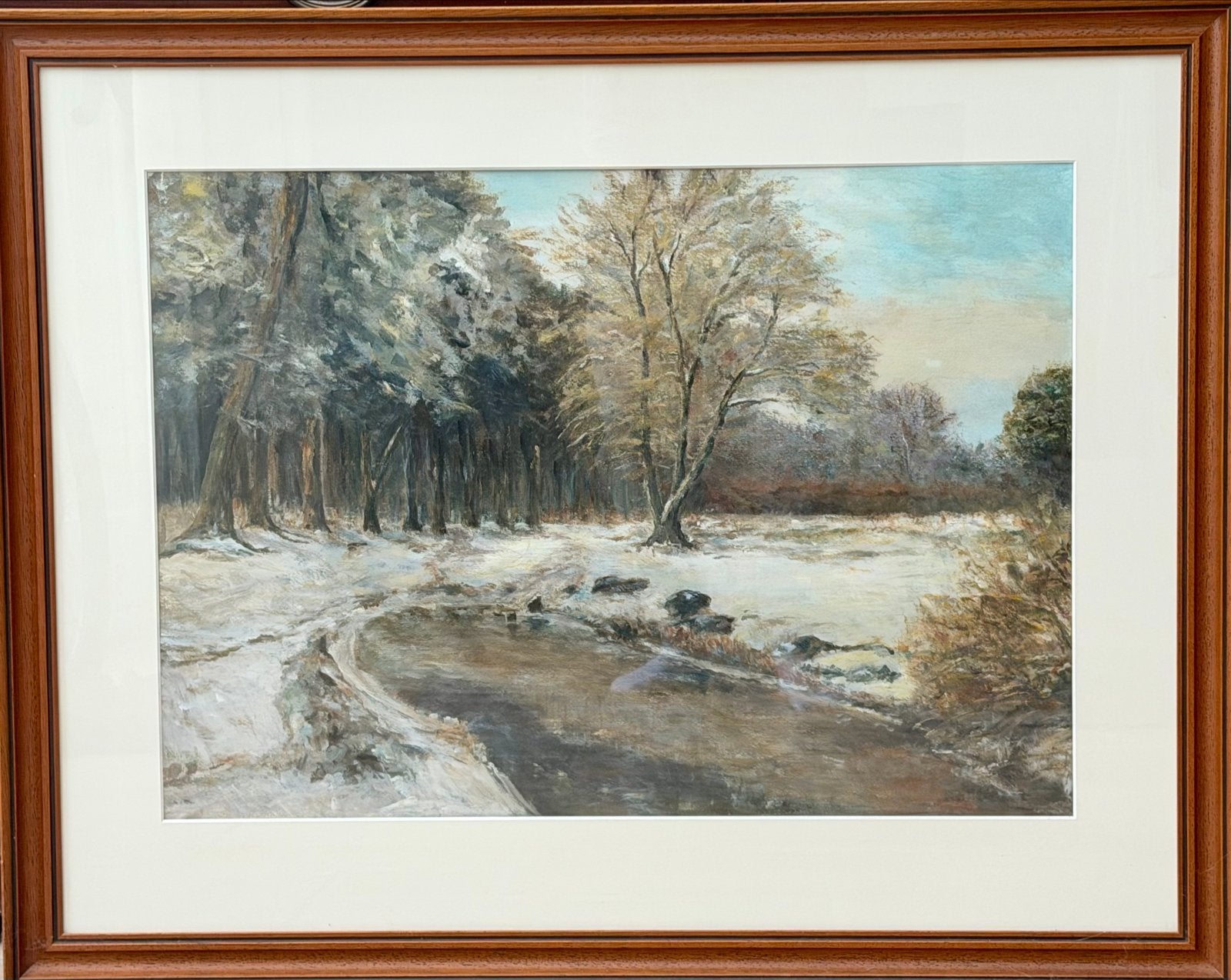 Sfeervol Winterlandschap, Achter glas, Gouache, Ophalen of Verzenden, Landschap