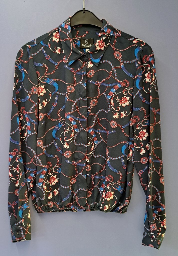 Madeleine donker blauwe blouse rood/ ecru schakels 38 47054, Maat 38/40 (M), Blauw, ., Madeleine