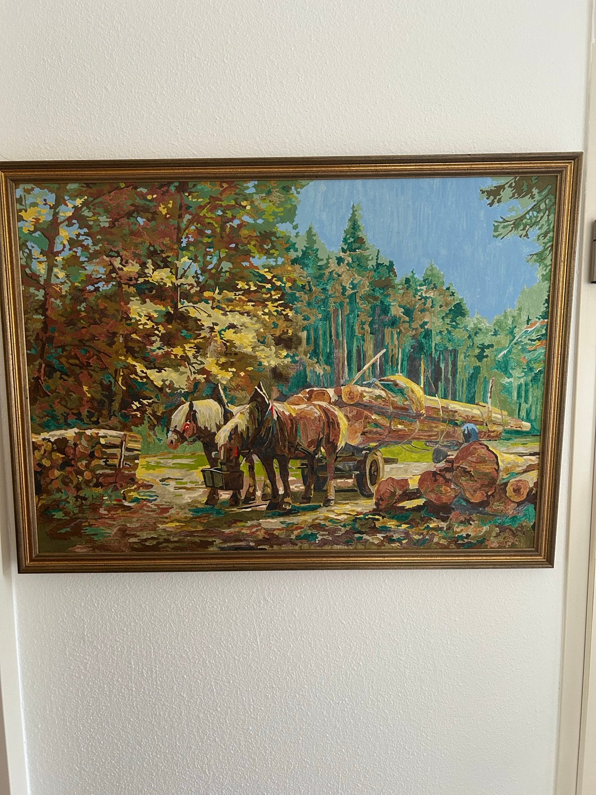 Schilderij met paarden in bos, 73x53 cm, Ophalen of Verzenden, Ingelijst, Dieren