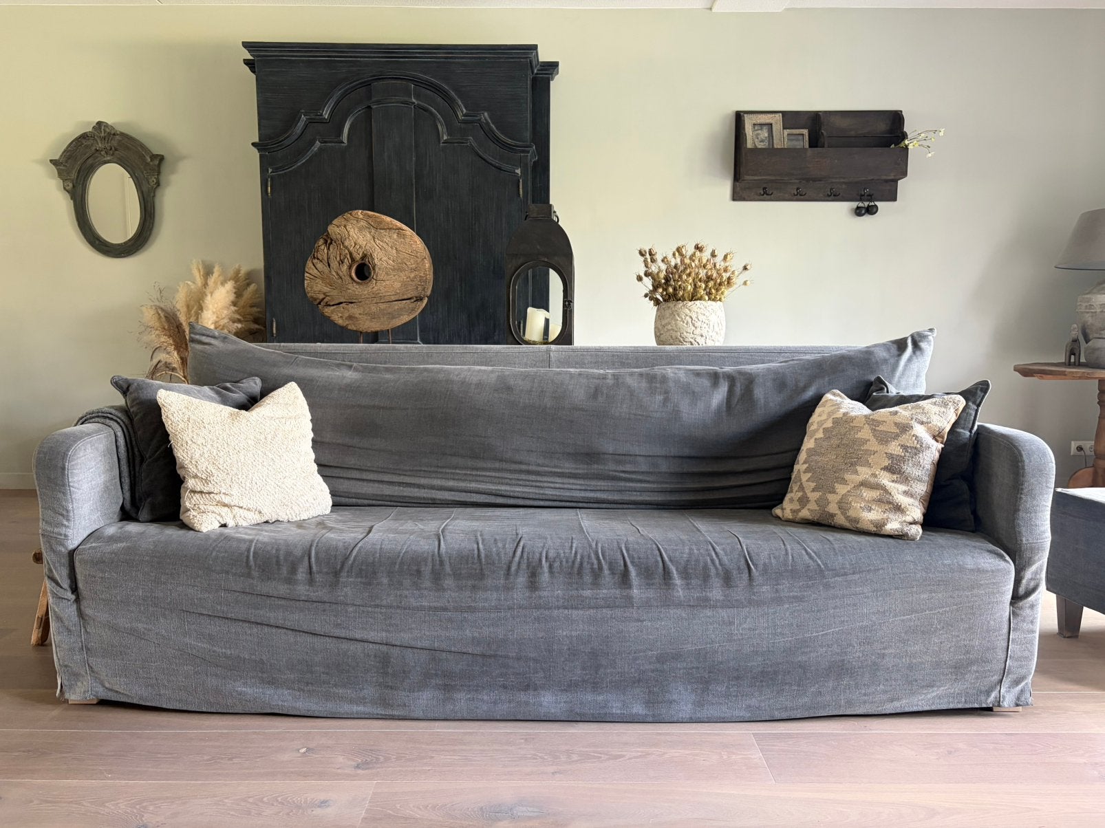 Bank grijs landelijk incl. hocker, Ophalen, Gebruikt, Driepersoons, 75 tot 100 cm