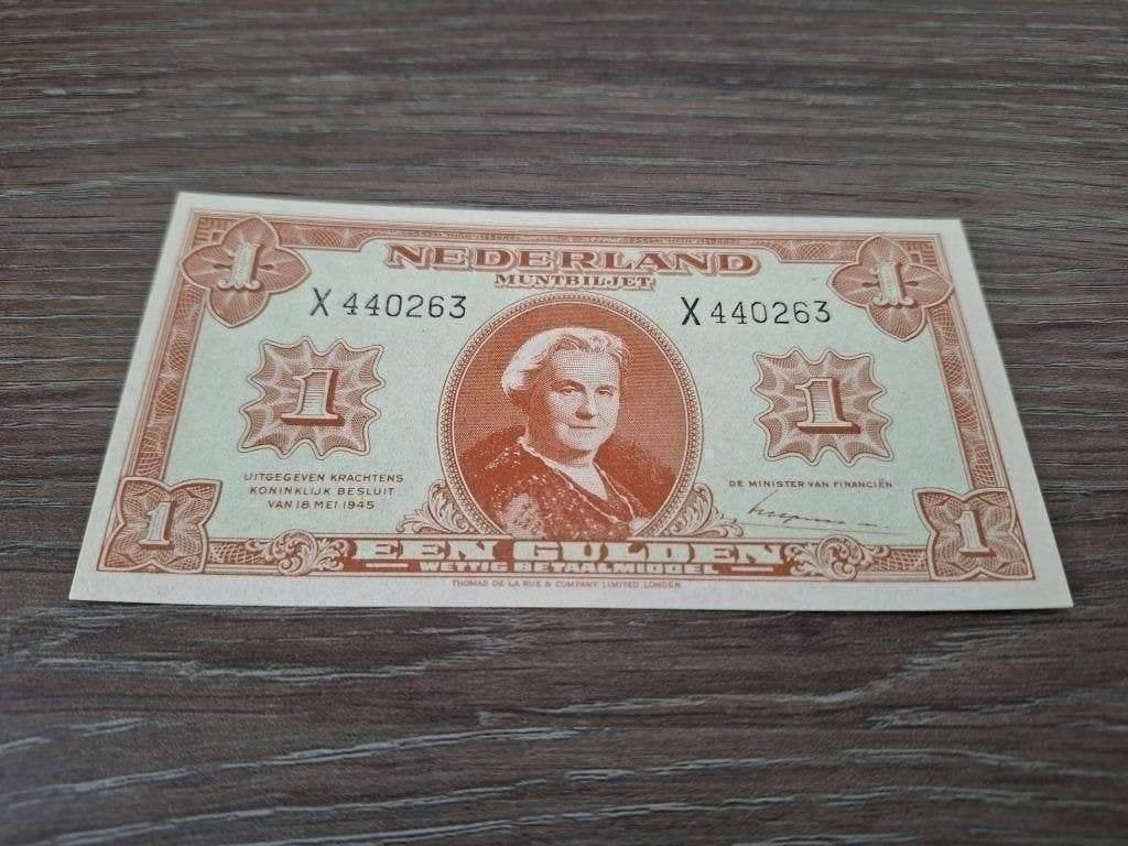 UNC biljet 1 gulden 1945, 1-lettervariant, 5mm X-serie, Ophalen of Verzenden