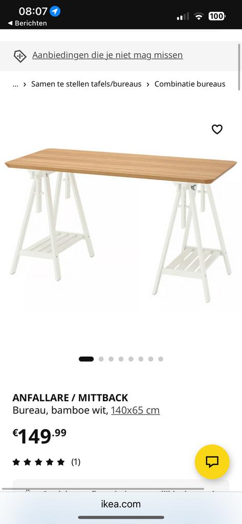 IKEA bureau/tekentafel ANFALLARE / MITTBACK, Ophalen, Zit-sta bureau, Scandinavisch, 65 cm