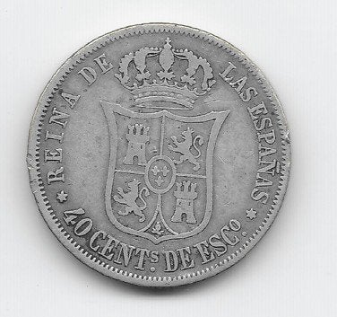 Spanje 40 centimos de escudo 1867 KM# 628.2, Verzenden, Overige landen, Losse munt, Zilver