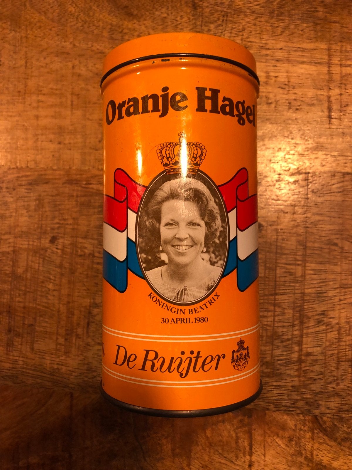 Vintage De Ruijter Oranje Hages blikken Koningin Beatrix/Jul, Ophalen, Gebruikt, Nederland, Overige typen