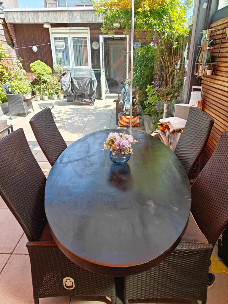 Complete set: Mangohouten tafel met 4 verstelbare stoelen, Gebruikt, 100 tot 150 cm, Zwart, 150 tot 200 cm
