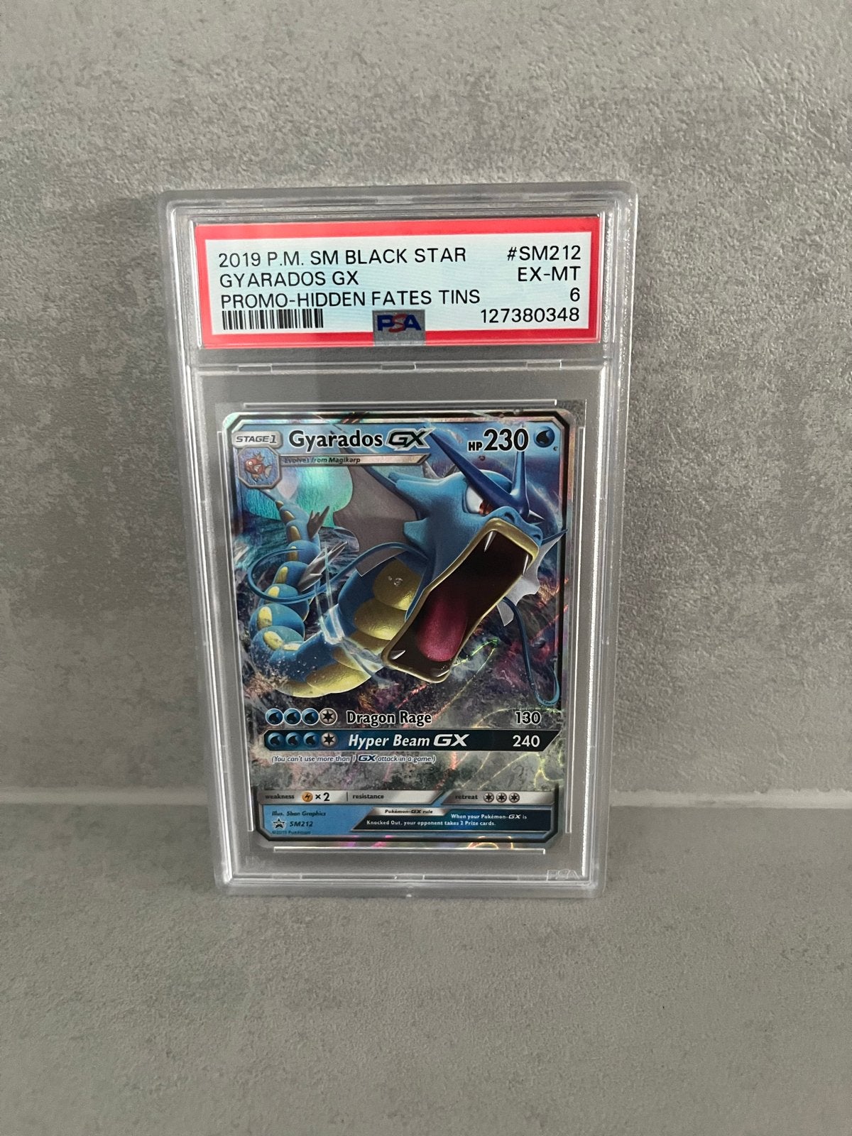 PSA 6 Gyarados GX SM212 Promo Hidden Fates Tins Pokémon, Ophalen of Verzenden, Gebruikt, Losse kaart
