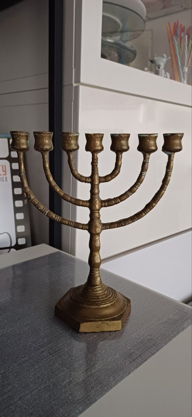 Vintage Koperen Menora Kandelaar - Joods Ritueel Object, Ophalen of Verzenden, Koper of Brons