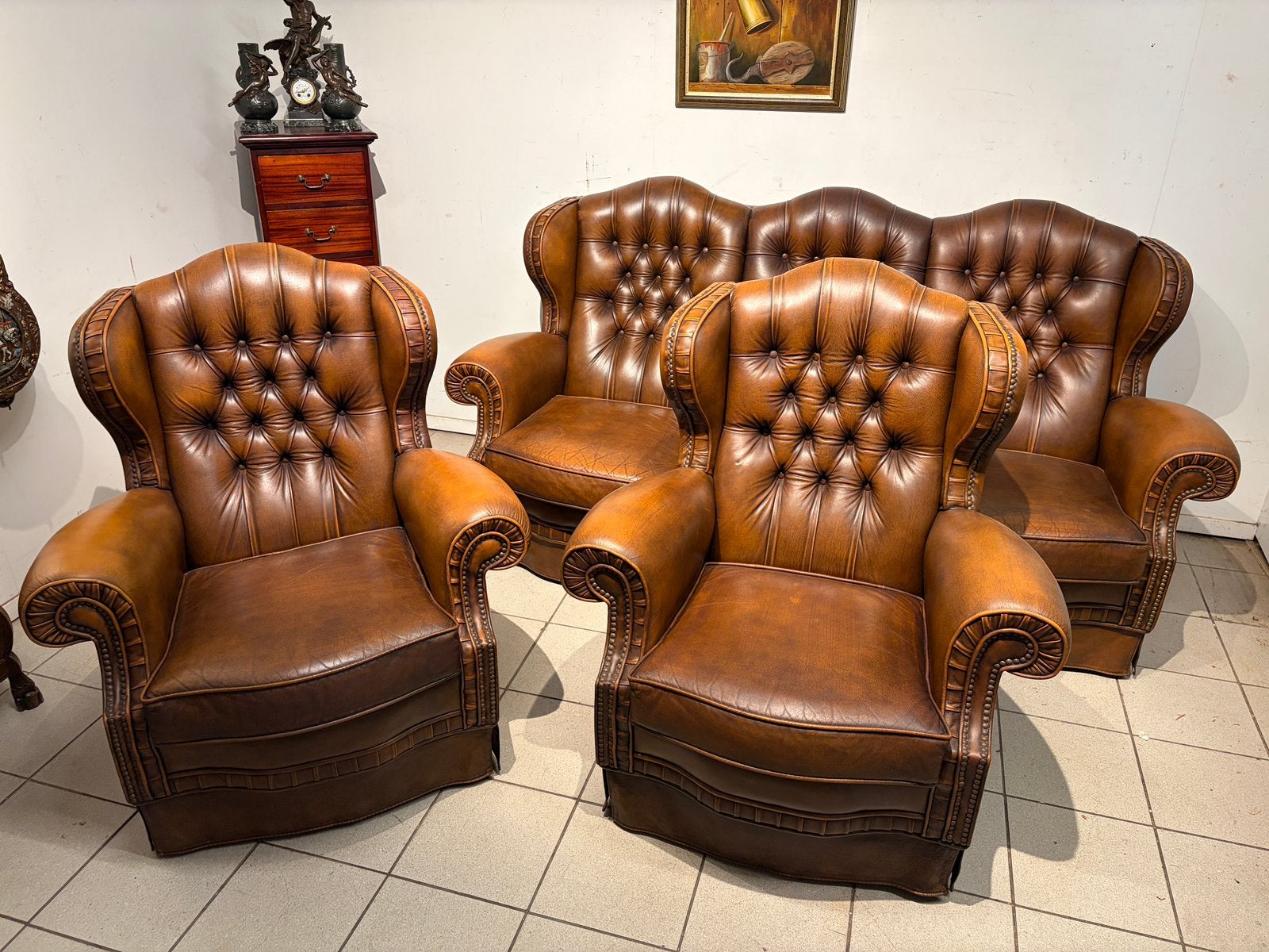 Chesterfield bankstel: bank en 2 fauteuils in bruin leer