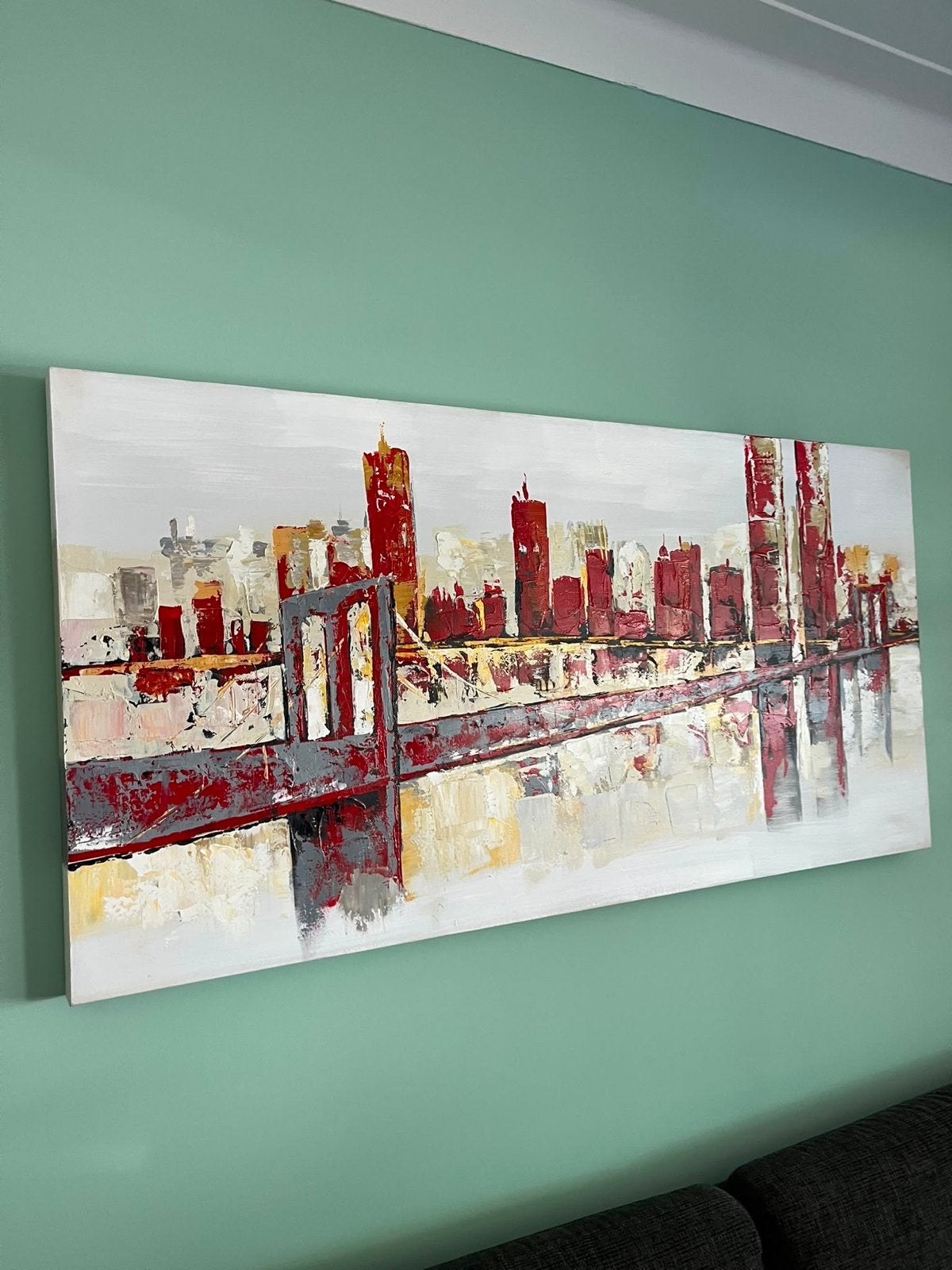Kleurrijk Stadsgezicht Schilderij - Modern Abstract, Handgeschilderd, Ophalen of Verzenden, Olieverf, Stadsgezicht