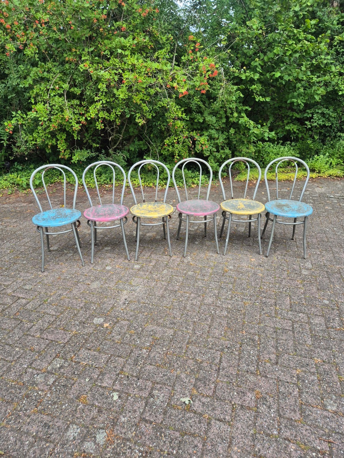 Set van 6 vintage bistro stoelen - diverse kleuren, Ophalen, Gebruikt, Overige kleuren, Vintage, Bistro