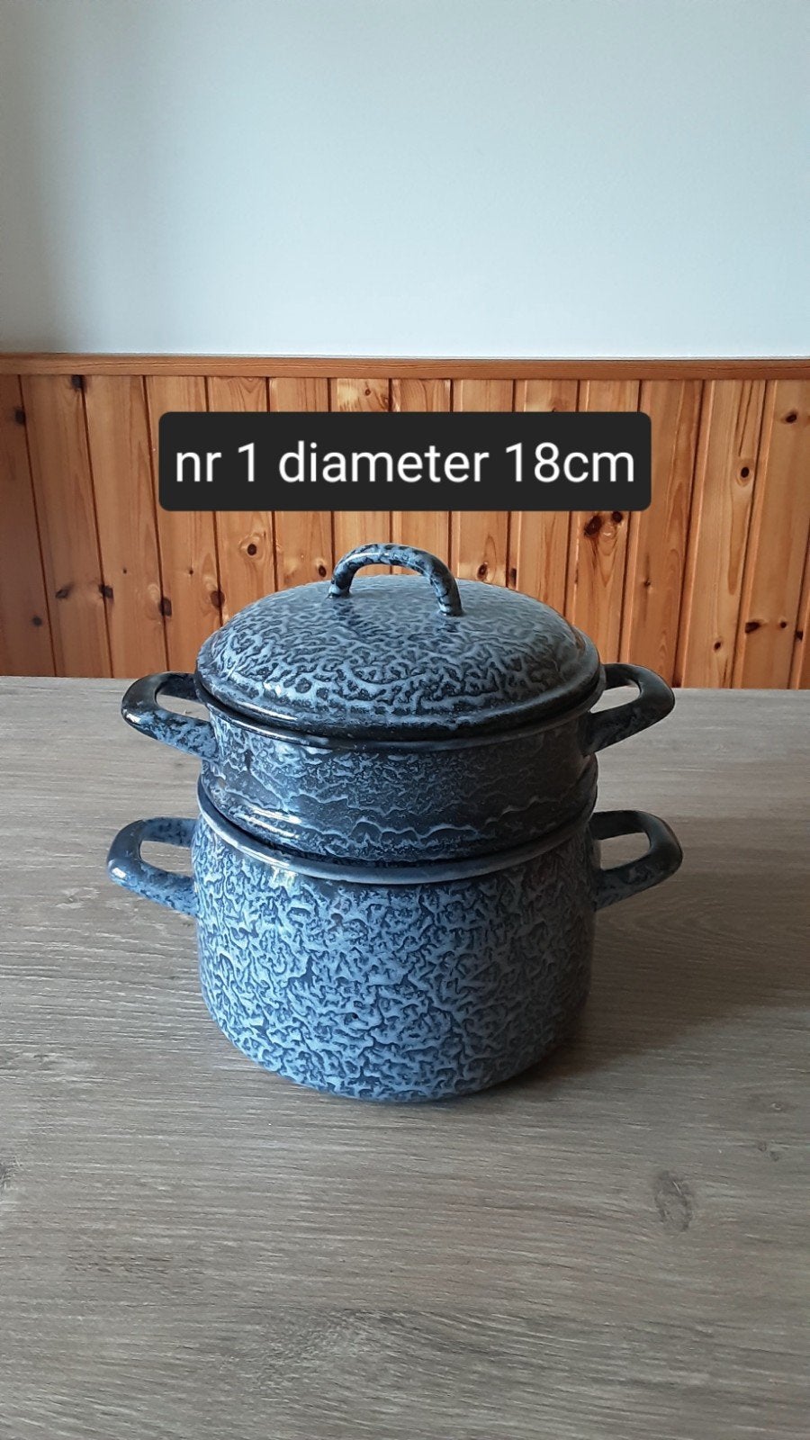 EMAILLE GRIJSGEWOLKTE STOOMPAN DIAMETER 18CM., Antiek en Kunst, Ophalen of Verzenden