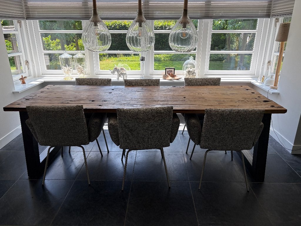 Unieke authentiek oud eiken tafel + 6 kwaliteitsstoelen, Gebruikt, 100 tot 150 cm, Eikenhout, 200 cm of meer