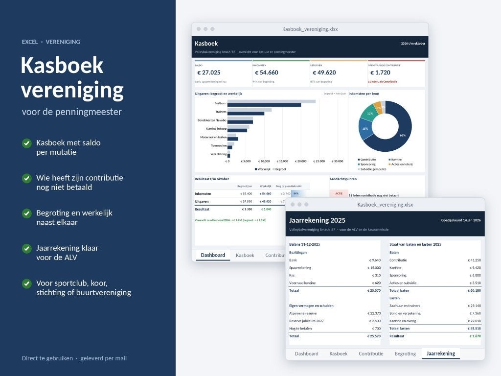 Kasboek vereniging in Excel – contributie, begroting, Computers en Software, Ophalen of Verzenden