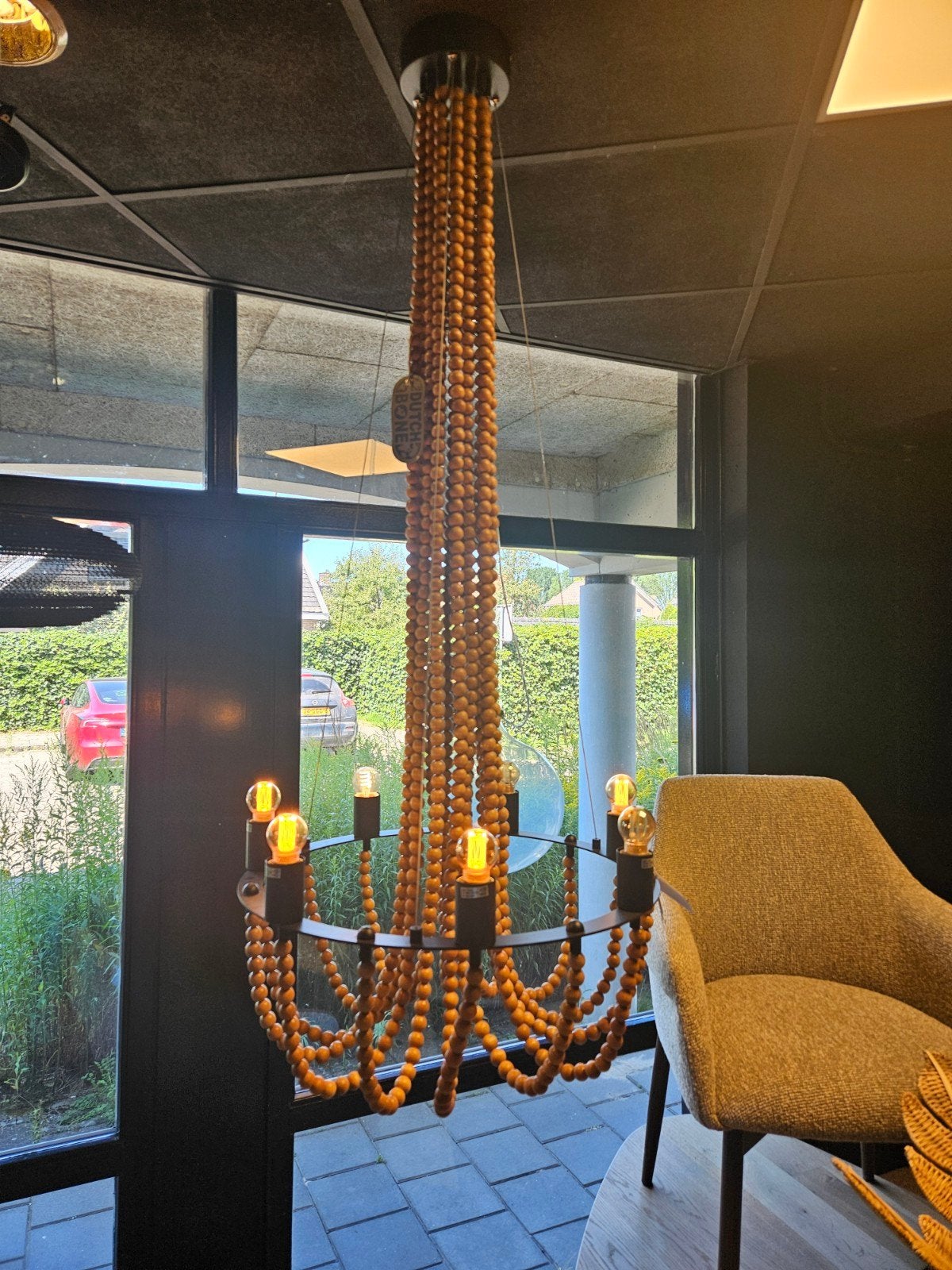 Houten kralen kroonluchter dutchbone opruiming, Huis en Inrichting, Lampen | Kroonluchters, Nieuw, Verzenden