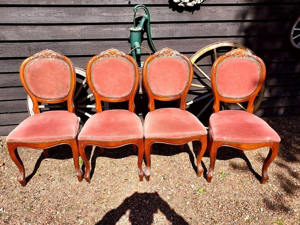 4 houten stoelen met stof klassiek, Ophalen, Gebruikt, Klassiek, Vier