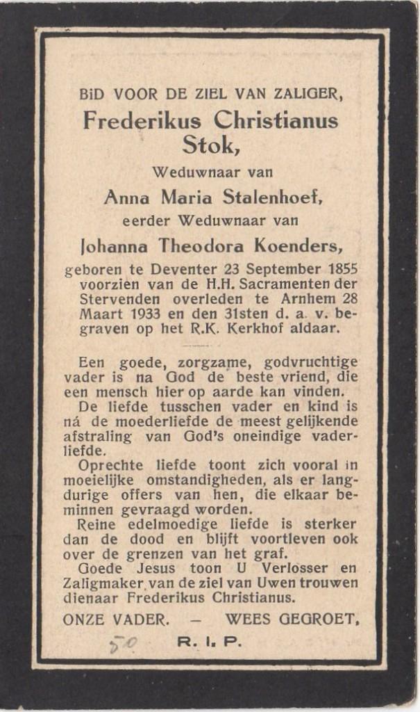 Frederikus Chr. Stok 1855 Deventer + 1933 Arnhem, 77 jaar, Verzenden