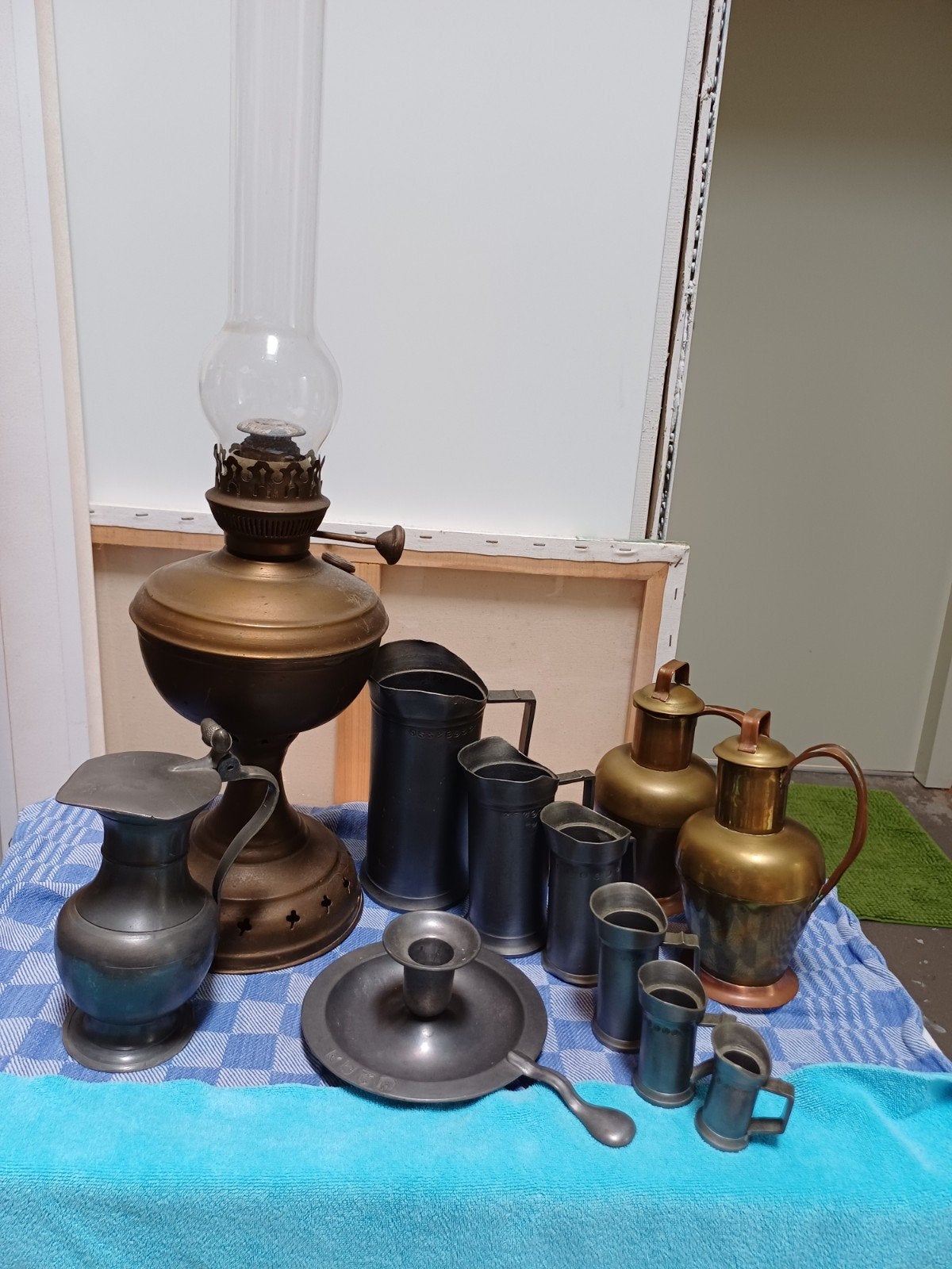 Antieke olielamp en tinnen/koperen voorwerpen, Antiek en Kunst, Ophalen
