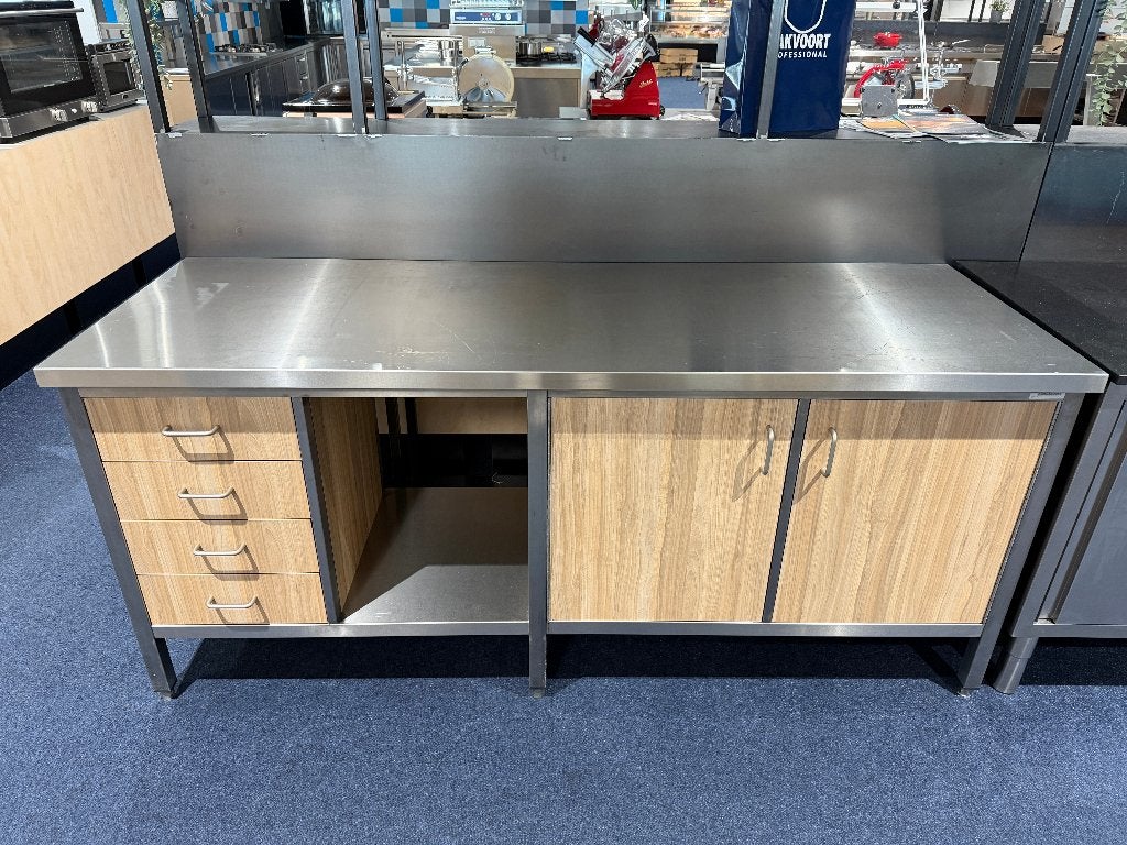 RVS werktafel met volkern ladenblok en draaideurkast, Ophalen of Verzenden, Gebruikt, Meubilair