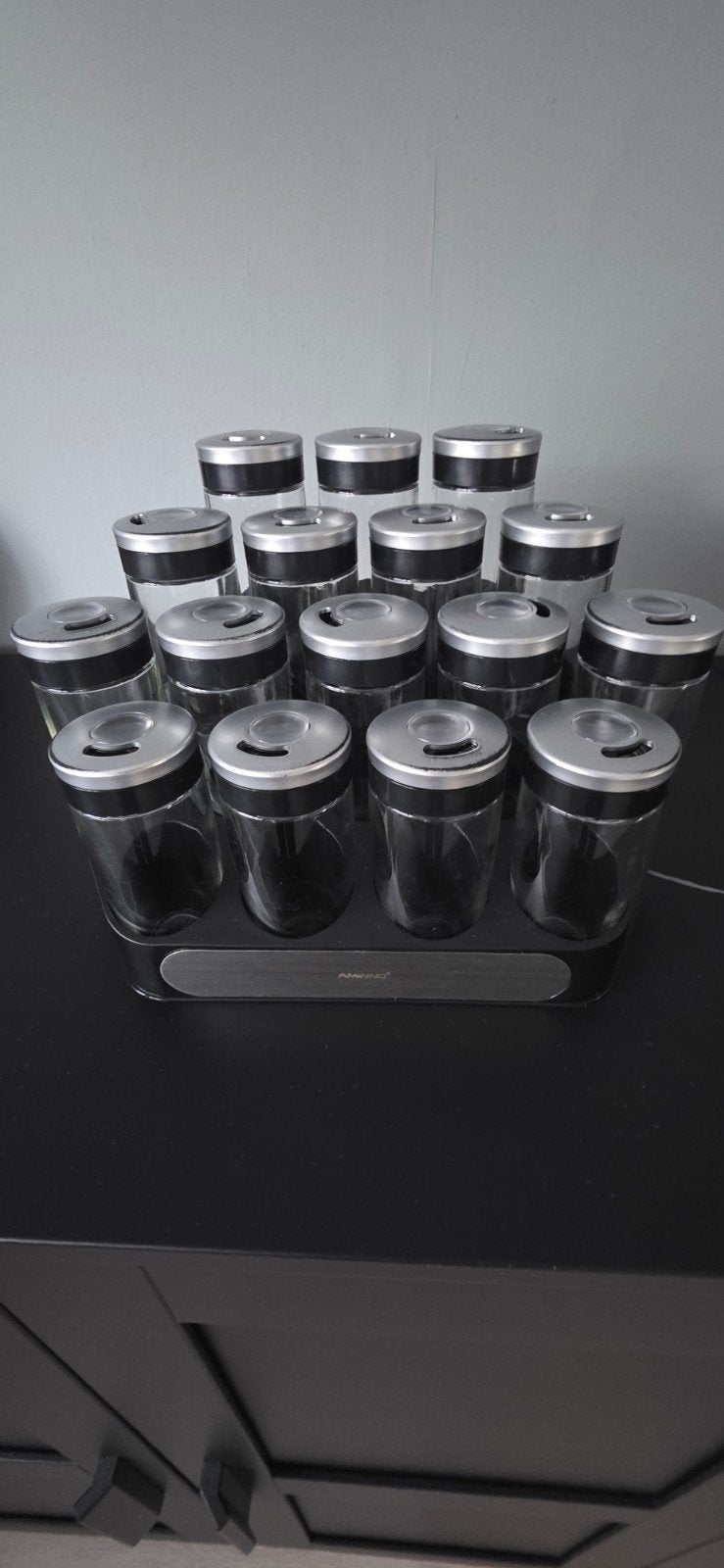 15 kruidenpotjes met rekje - Zo goed als nieuw, Glas, Zilver, Ophalen of Verzenden, Zo goed als nieuw