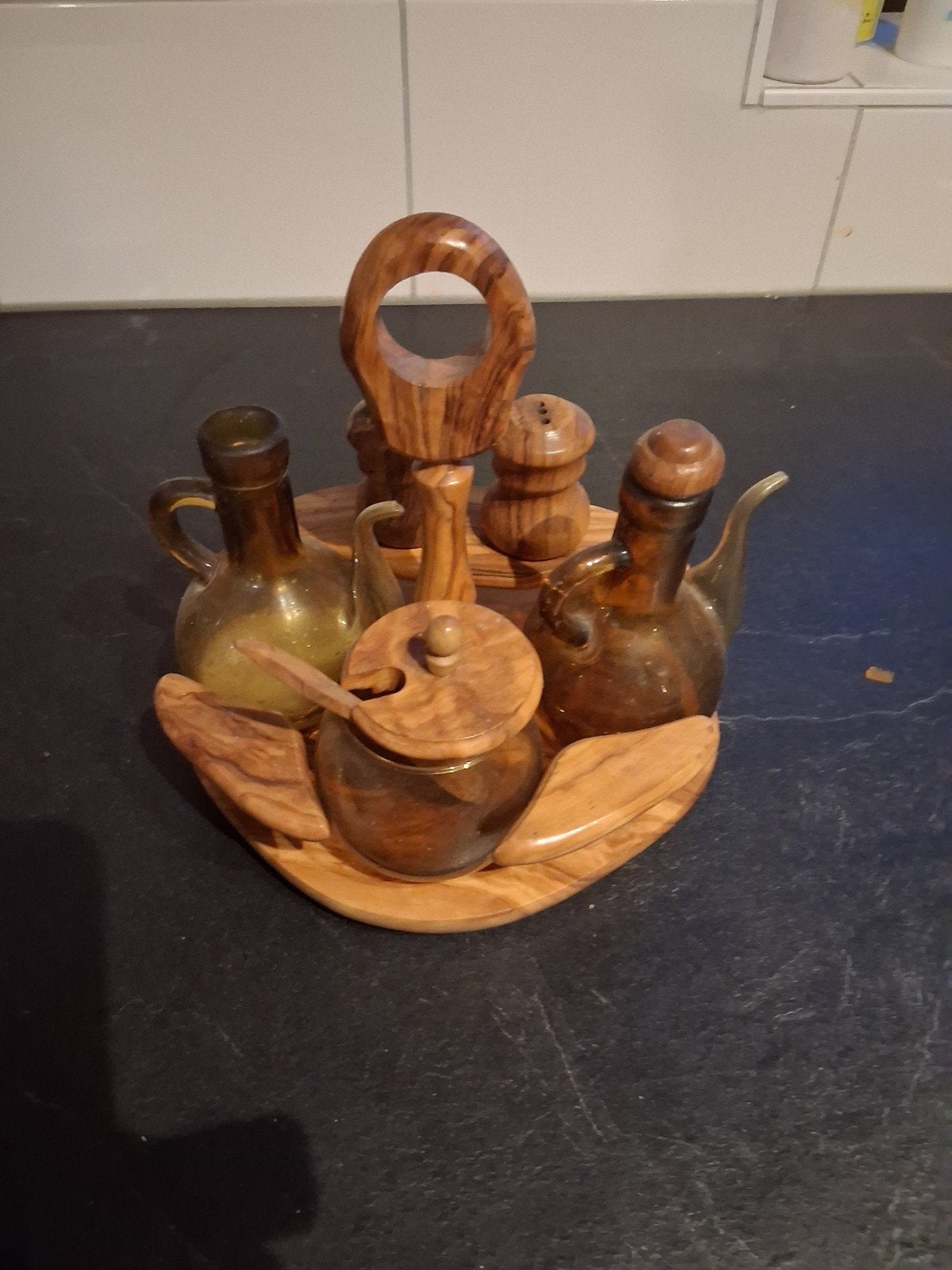 vintage Olie en azijn set met peper en zoutvaatjes op houten, Hout, Ophalen of Verzenden, Overige typen, Gebruikt