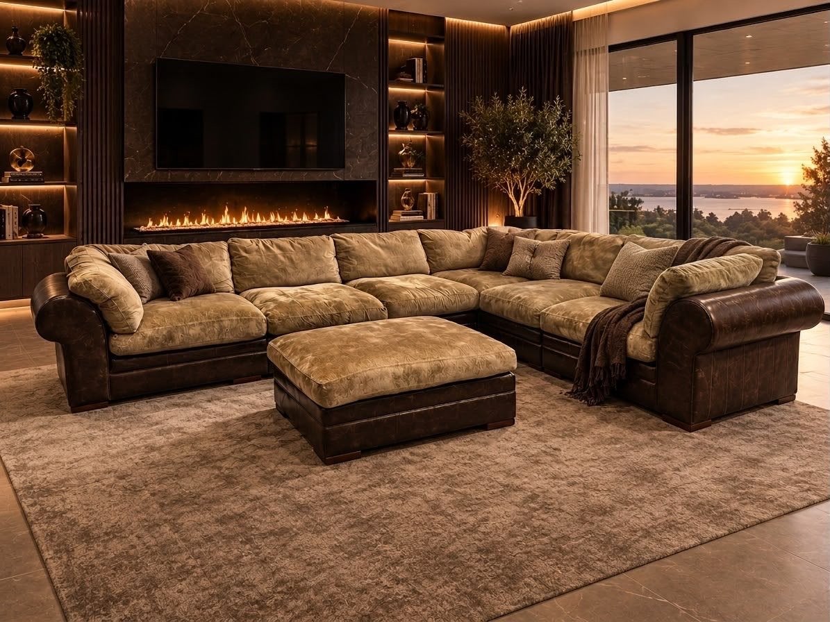 Roche Bobois Hoekbank - Bruin Leer en Stof, Ophalen, Gebruikt, Hoekbank, 300 cm of meer