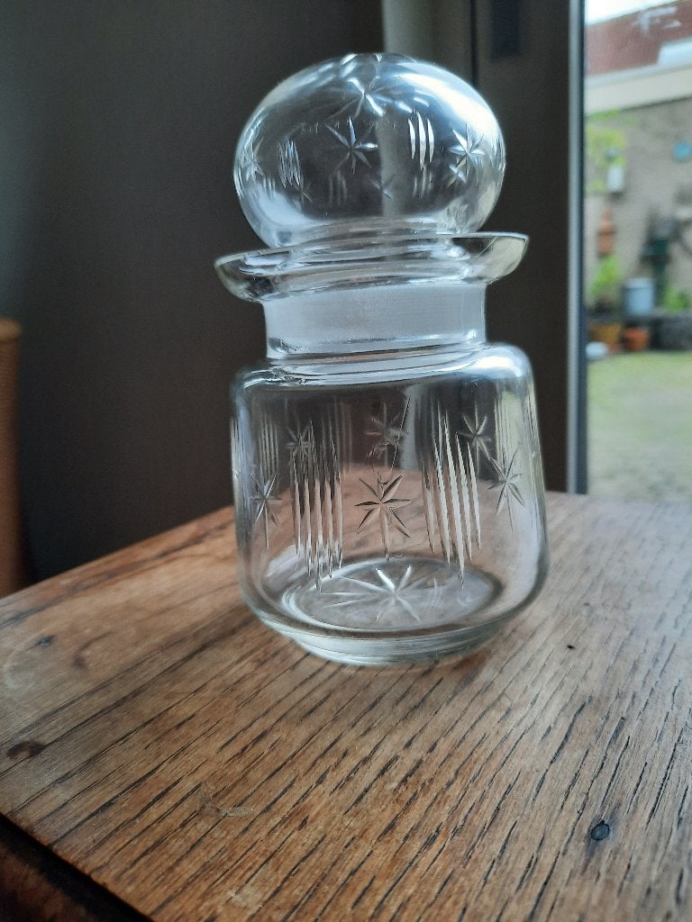 oud bewerkt glazen potje, Huis en Inrichting, Ophalen of Verzenden, Zo goed als nieuw, Glas, Vintage