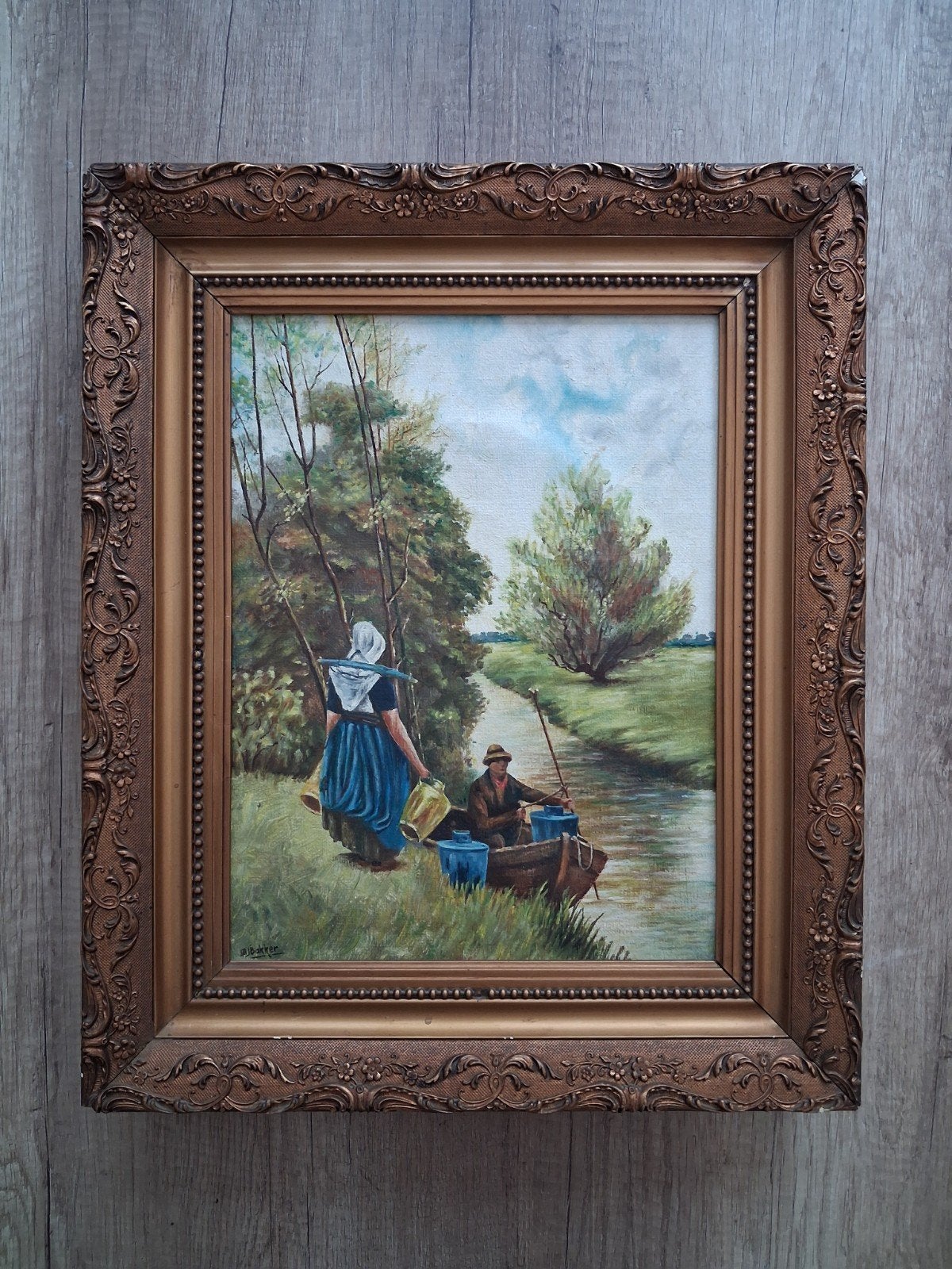 Olieverfschilderij 'Hollandse Scène' gesigneerd M. Bakker, Antiek en Kunst, Kunst | Schilderijen | Klassiek, Ophalen
