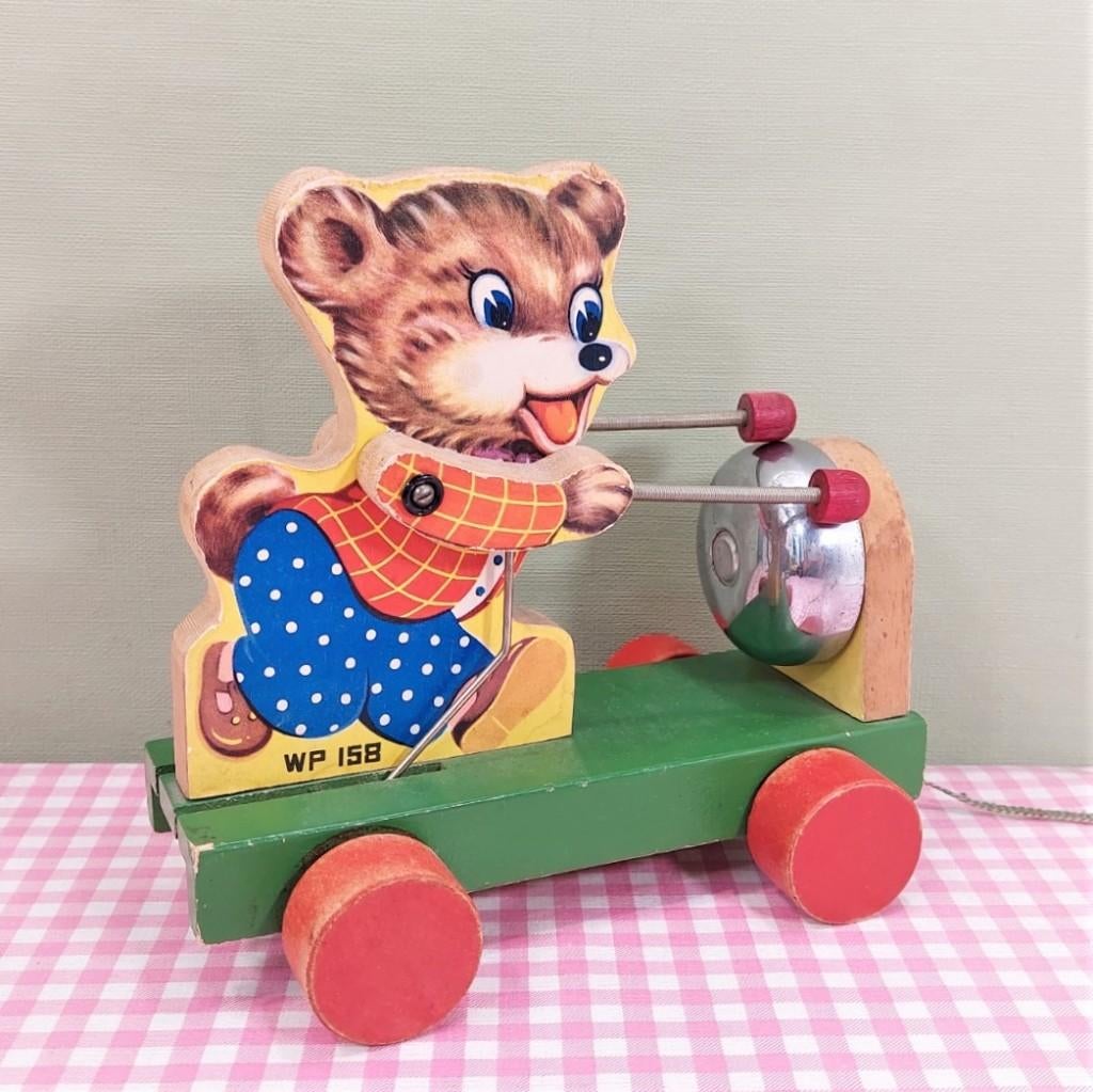 Vintage houten speelgoed trekfiguur beertje made in China, Gebruikt, Onbekend, Ophalen of Verzenden, Vintage made in China
