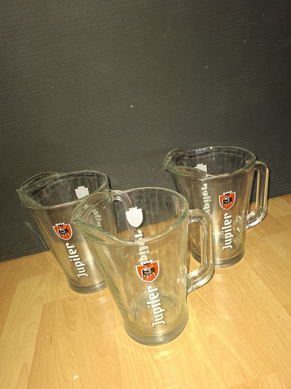 Jupiler bierkannen - Set van 3 glazen kannen, Ophalen, Gebruikt, Glas of Glazen, Jupiler