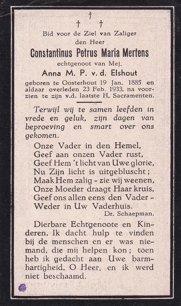 Mertens Constantinus 1885 Oosterhout 1933, Ophalen of Verzenden, Bidprentje