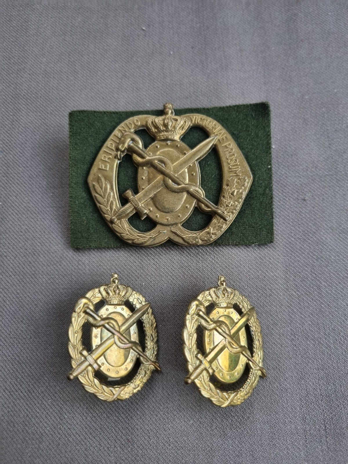 baret en schouderemblemen geneeskundige dienst (oogjes), Verzamelen, Ophalen of Verzenden, Landmacht, Nederland, Embleem of Badge