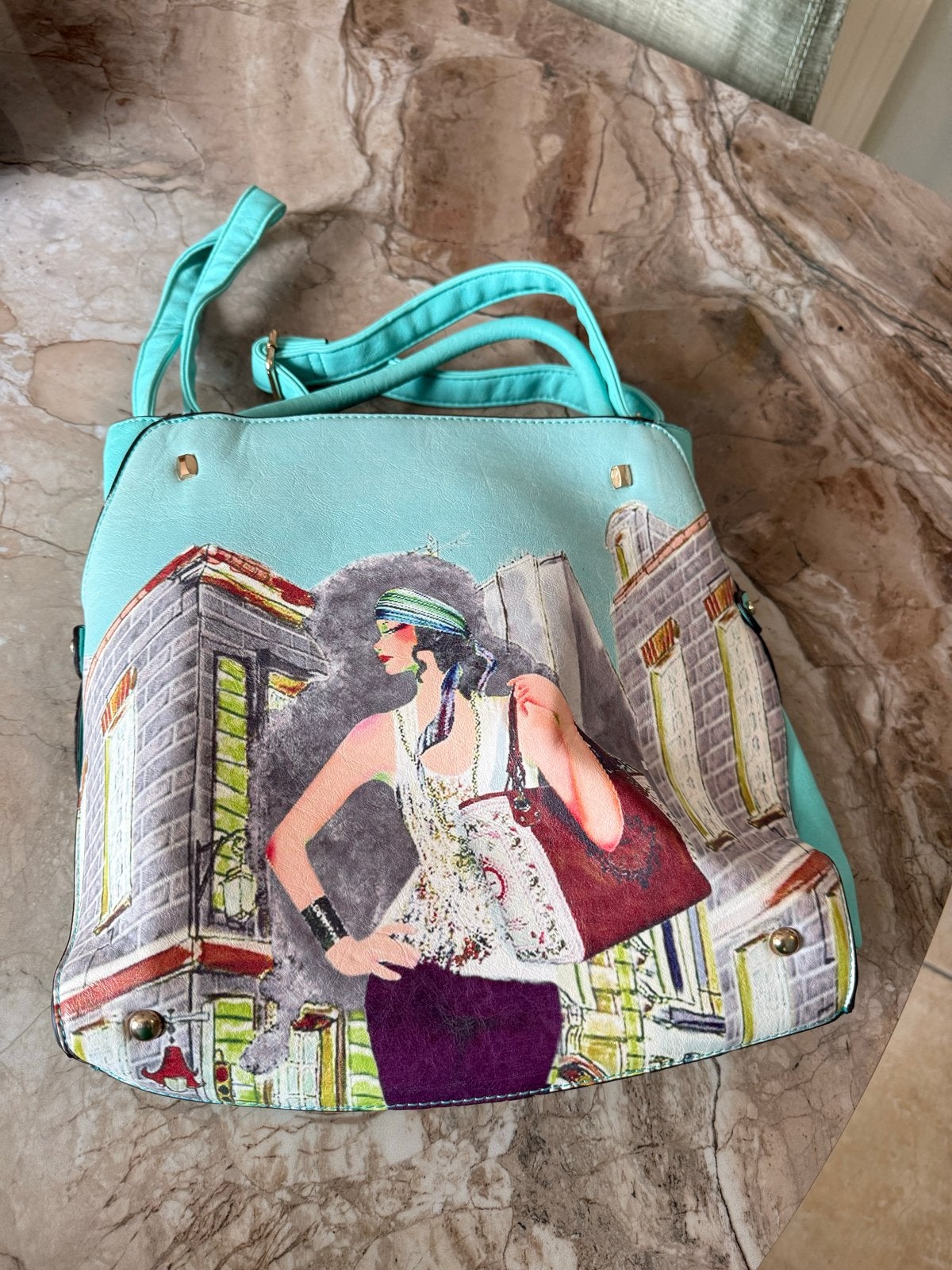 Turquoise handtas met unieke print - Gebruikt, Ophalen of Verzenden, Gebruikt, Overige kleuren, Handtas