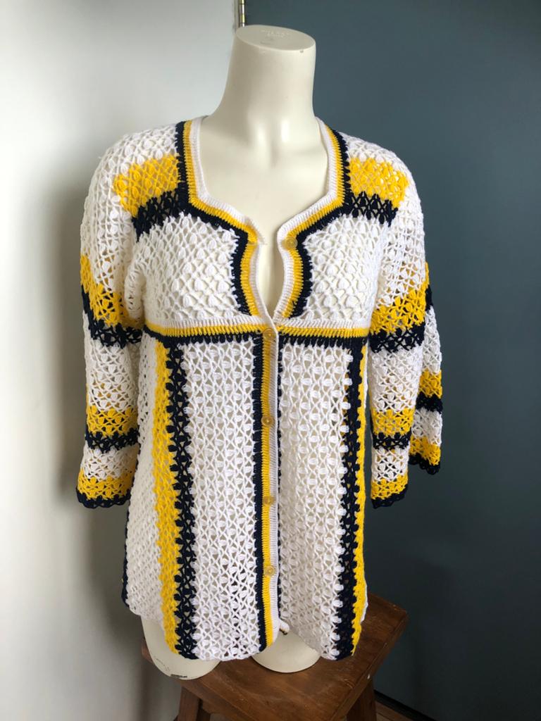 Handgemaakt gehaakt vestje wit geel blauw crochet 42, Kleding | Dames, Overige kleuren, Maat 42/44 (L), Ophalen of Verzenden, Zo goed als nieuw