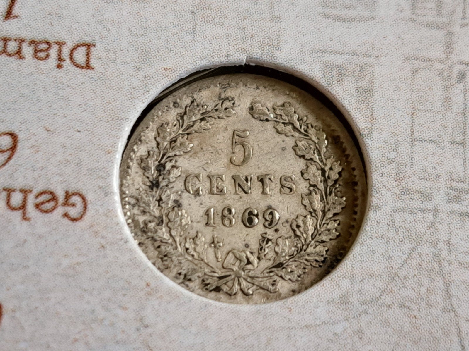 140 jaar Schulman Numismatiek coincard met 1869, Ophalen of Verzenden, Koning Willem III, 5 cent, Zilver