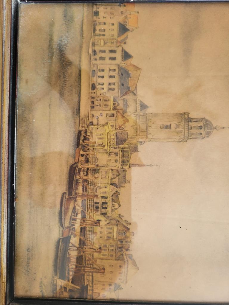 Stadsgezicht met toren, gesigneerd W v Amstel ( volgens mij, Ophalen of Verzenden
