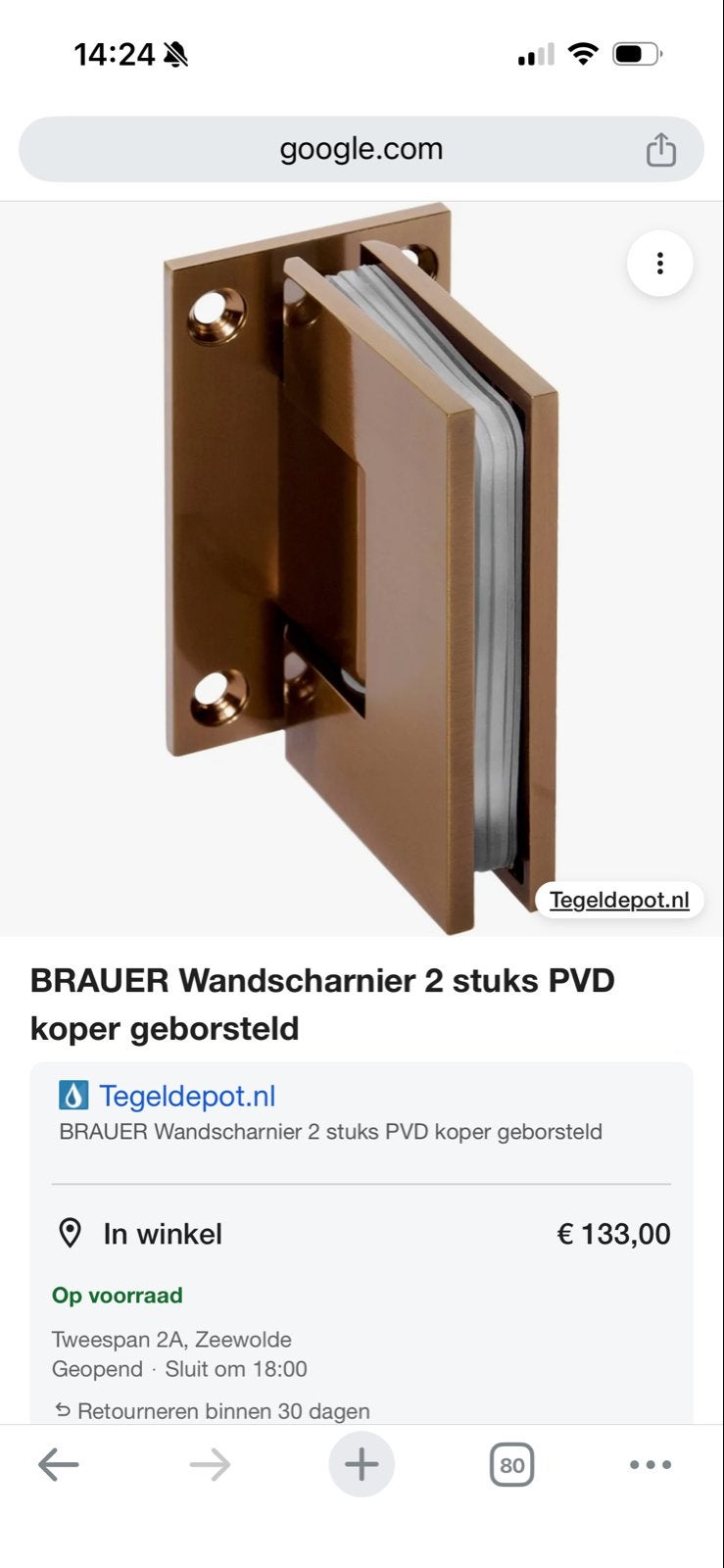 Brauer Wandscharnier Koper - 2 Stuks, Ophalen of Verzenden, Nieuw, Koper of Messing, Scharnier