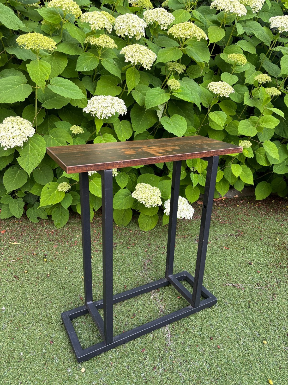 Bijzettafel met houten blad en metalen frame, Minder dan 55 cm, Gebruikt, Metaal of Aluminium, Rechthoekig