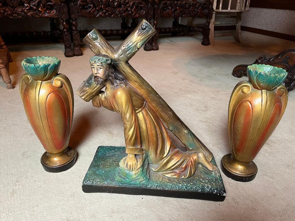 Art Deco Jezus met kruis plus 2 vazen, Antiek en Kunst, Ophalen of Verzenden