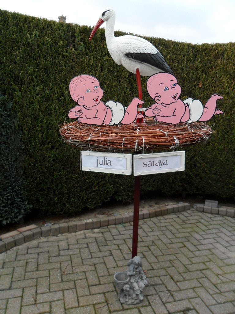 Geboorteborden b.v. ooievaar met tweeling baby`s op nest., Ophalen, Nieuw, Geboortebord