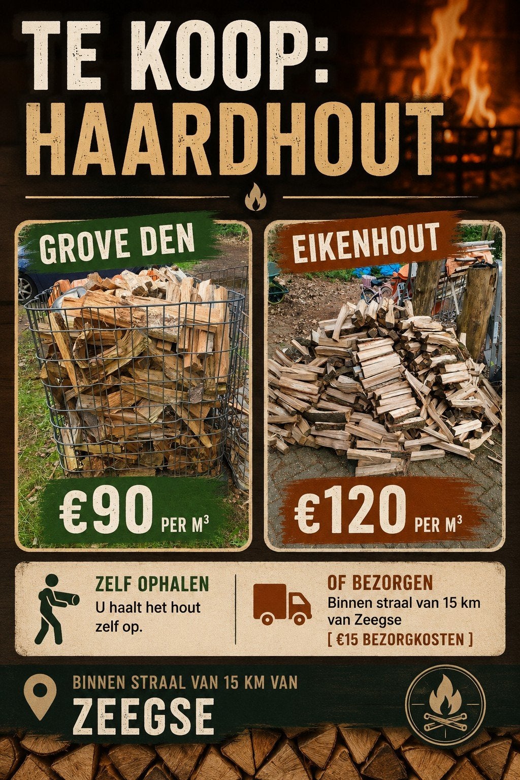 BBQ hout/Haardhout/brandhout, 3 tot 6 m³, Ophalen