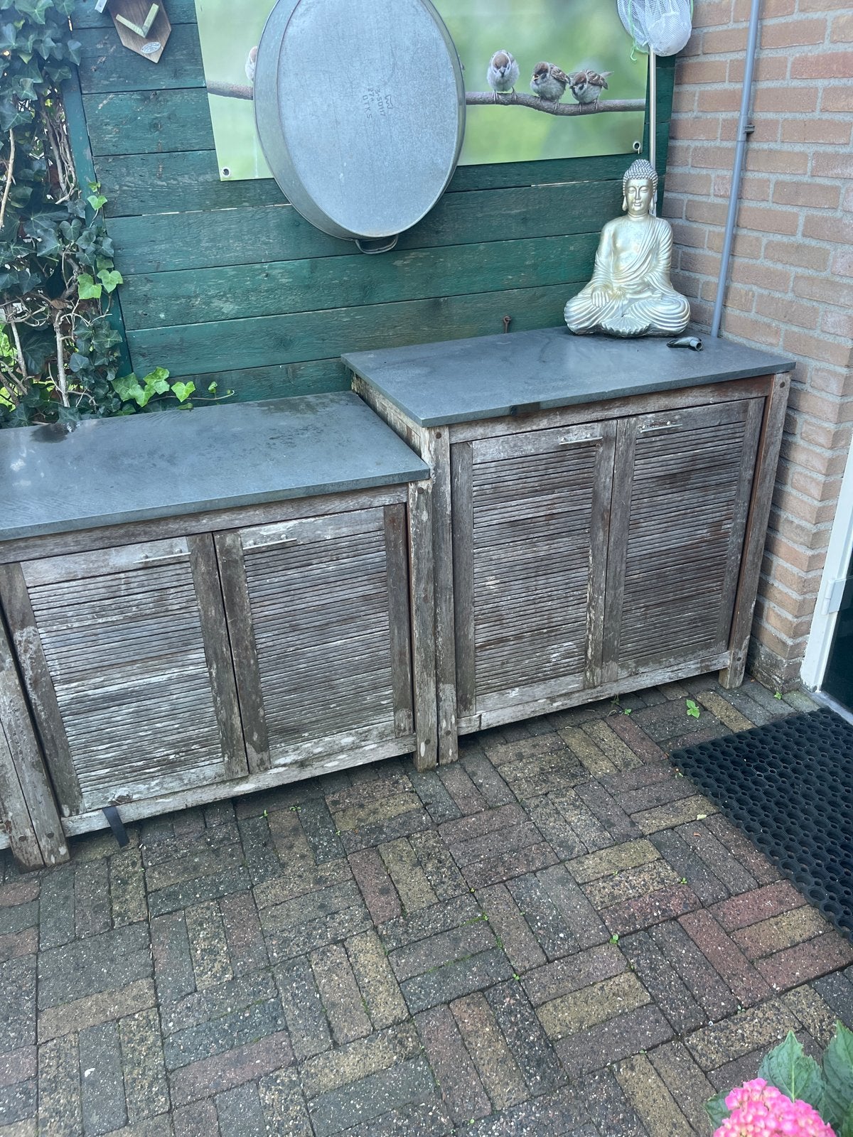 Houten buitenkastjes met stenen blad - 3 stuks, Ophalen, Gebruikt, Hout, Overige typen