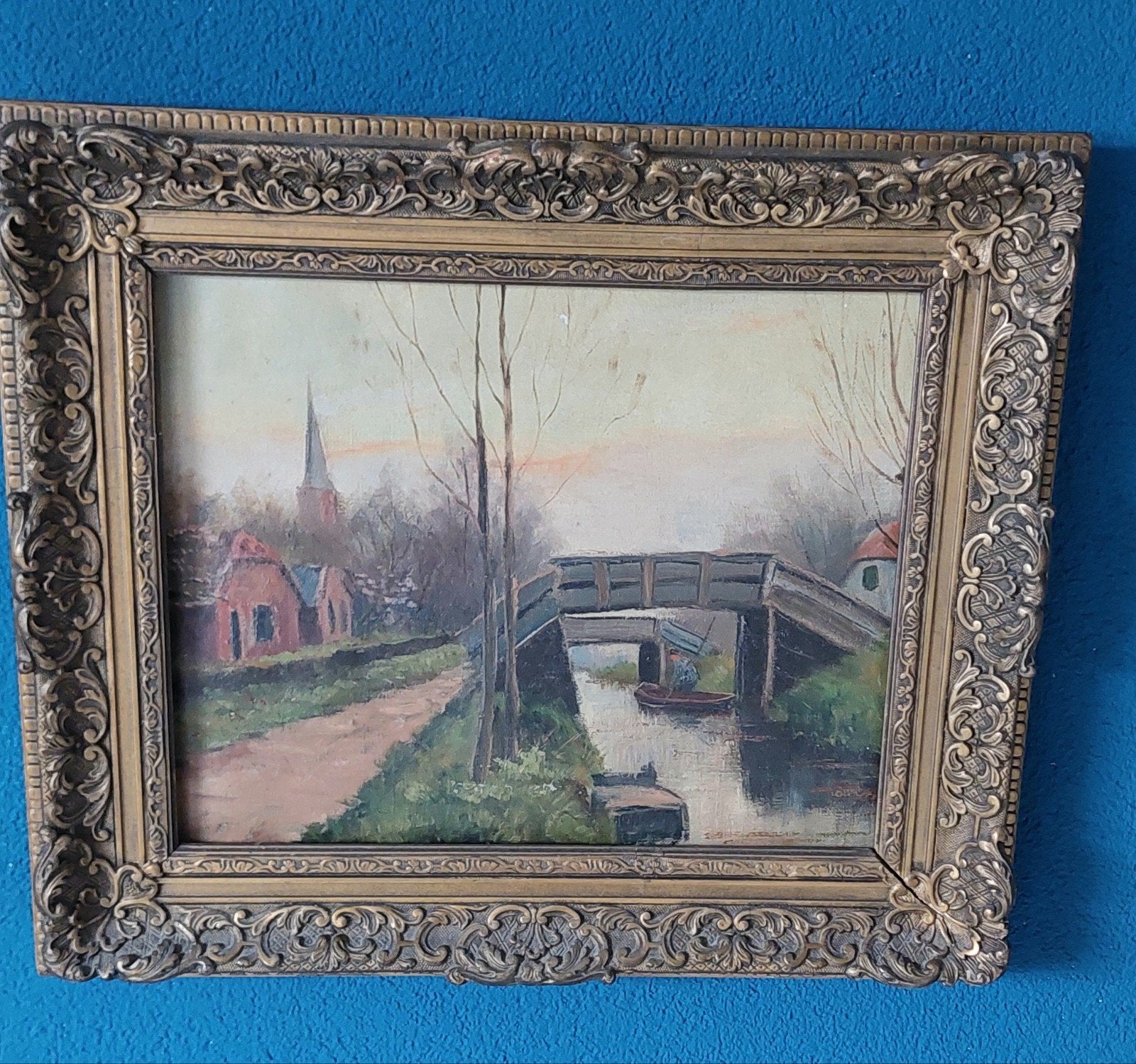 Oud Hollands Landschap Schilderij met Brug en Kerk, Doek, Oud hollands, Ophalen of Verzenden, Olieverf