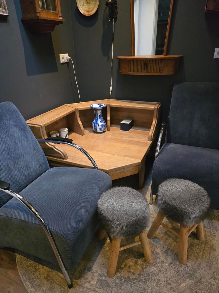 Echt eiken hoektafel en stereomeubel. Handgemaakt. Stevig., Ophalen, Rechthoekig, 75 cm of meer, 60 cm of meer