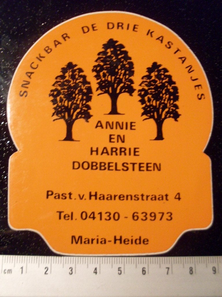 sticker snackbar de drie kastanjes maria-heide Annie Harrie, Verzenden, Zo goed als nieuw, Bedrijf of Vereniging