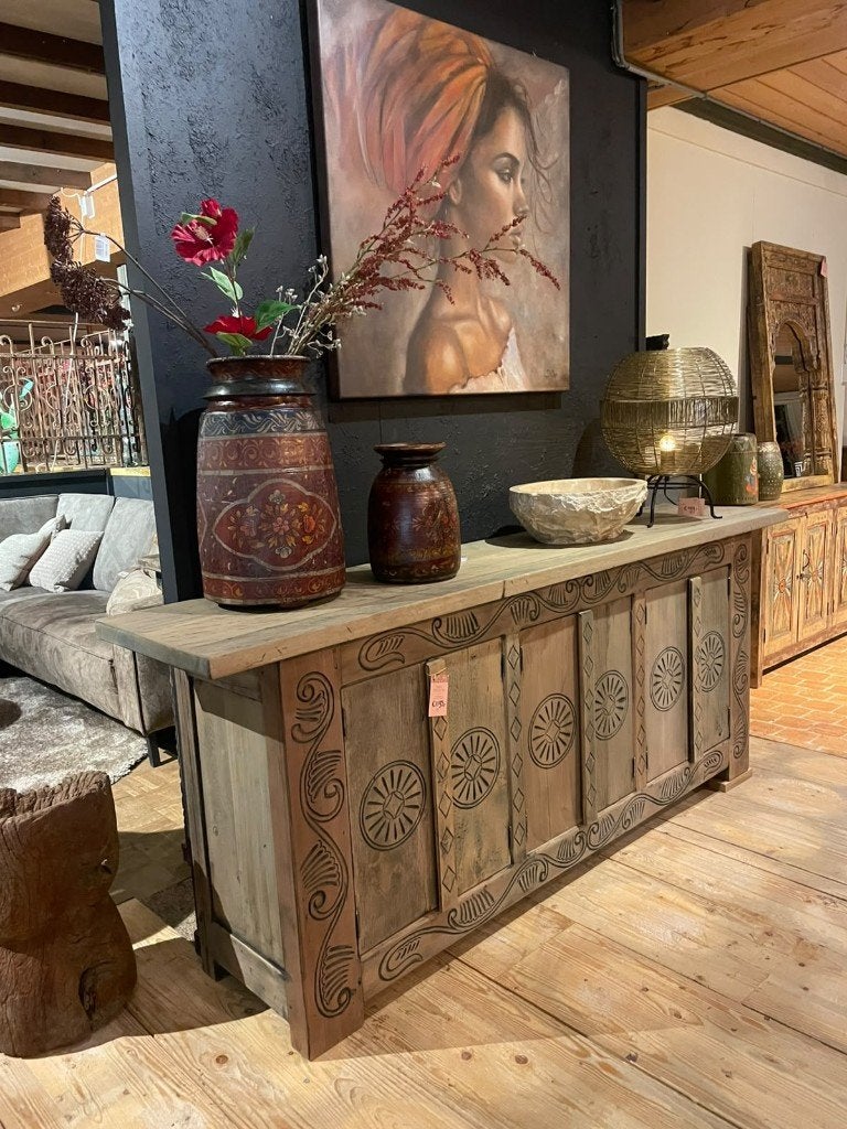 Dressoir met houtsnijwerk uit India, Ophalen, Info@hedimeubelen.nl, Met deur(en), Hedi meubelen