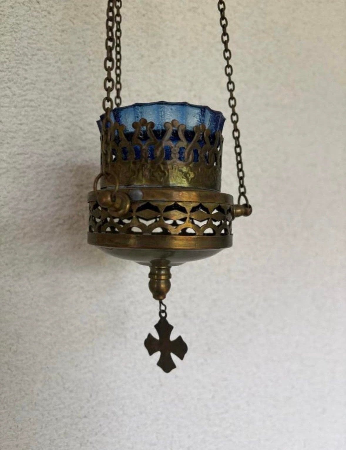 Antiek Godslampje - Messing met Blauw Glas, Ophalen